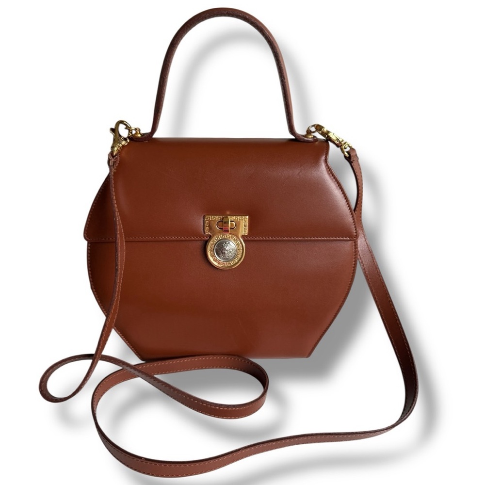 Vintage Gianni Versace Brown Leather Medusa Top Handle Crossbody Bag Italy